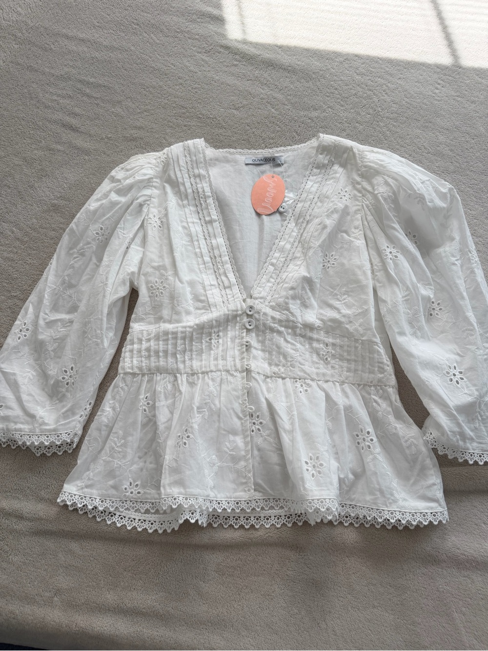 Olivaceous White Eyelet Lace Peplum Blouse